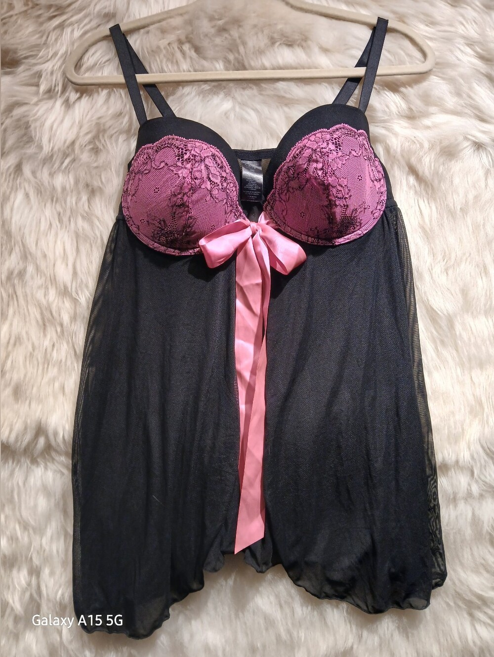 Women’s Black & Pink Lace Babydoll Nightie with Satin Bow